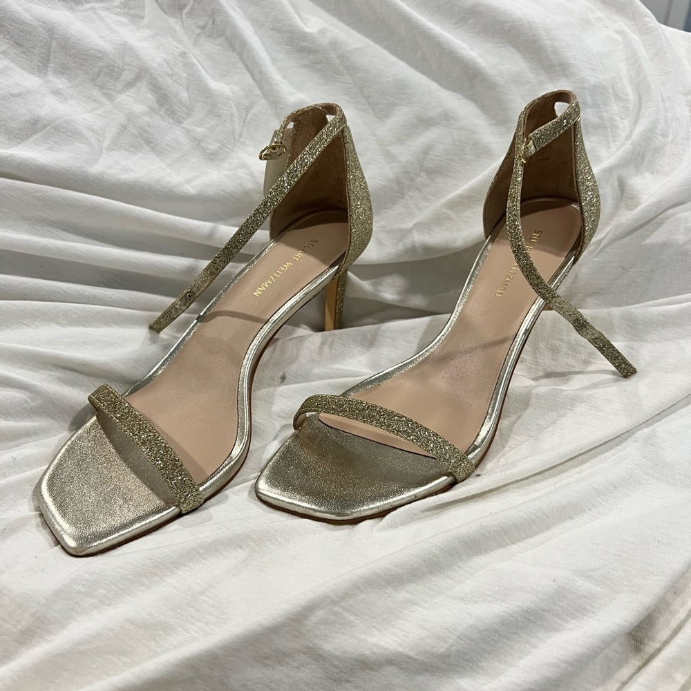Nwob Stuart Weitzman Nudistcurve Womens gold glitter ankle strap sandals
